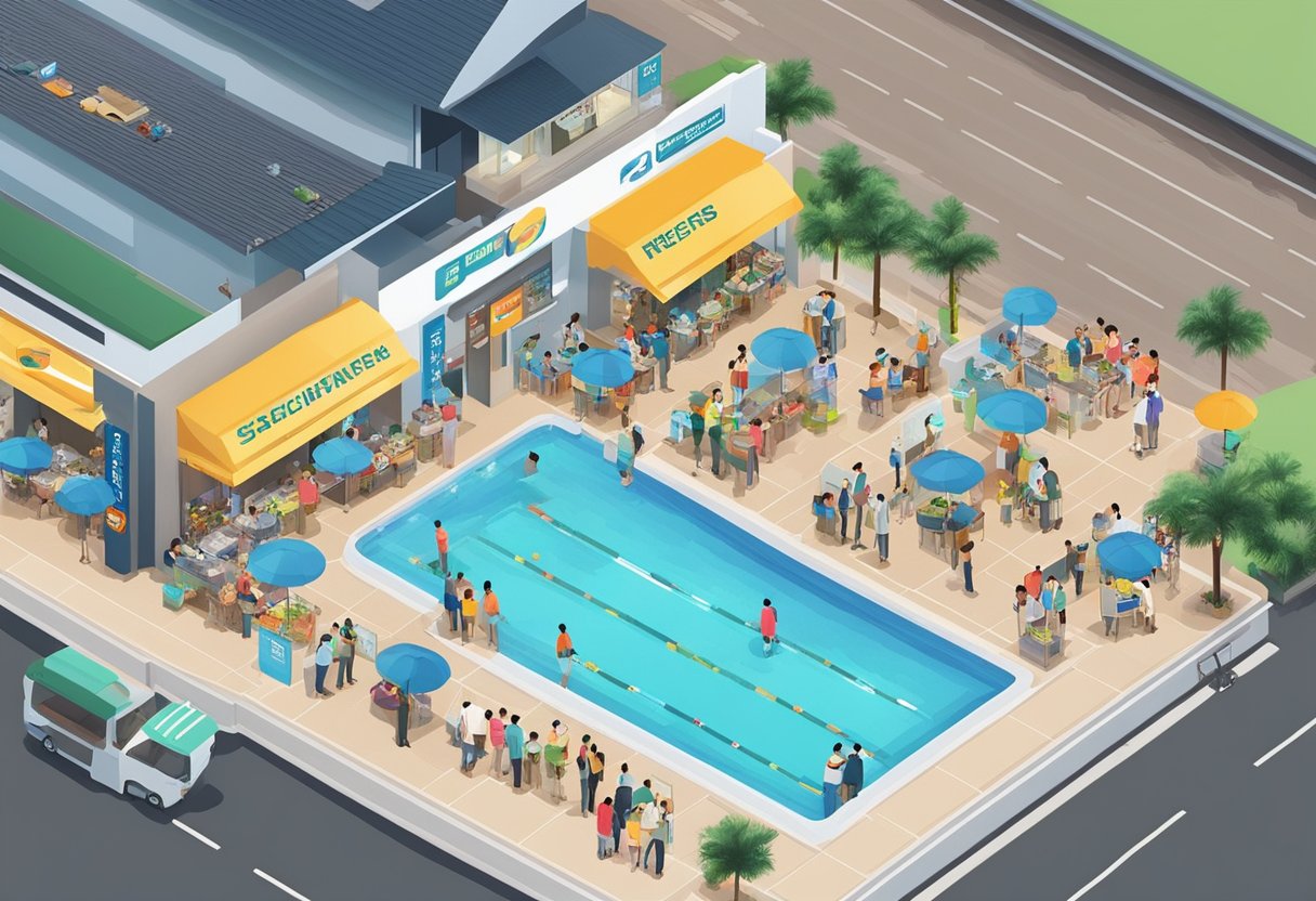 An aerial view of Singapore Pools outlets with colorful signage and customers lining up
