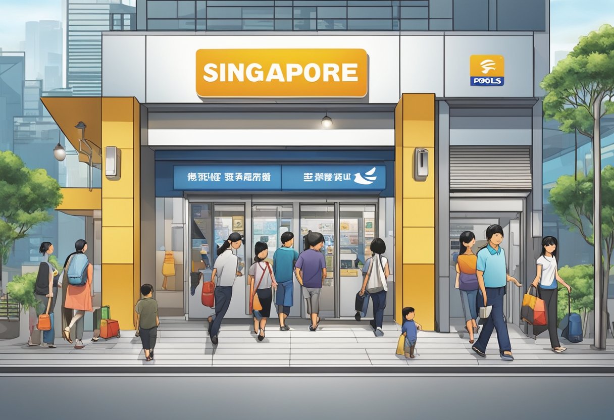 Customers entering a Singapore Pools outlet, with a prominent sign and logo, surrounded by a bustling urban environment
