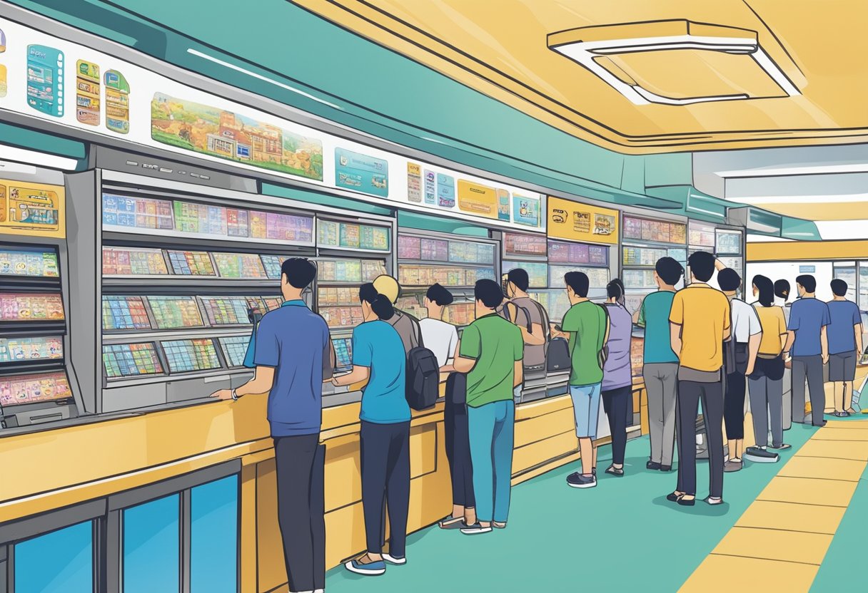 A bustling Singapore Pools outlet with customers lining up, placing bets, and checking results on digital screens. Staff members assist with frequently asked questions