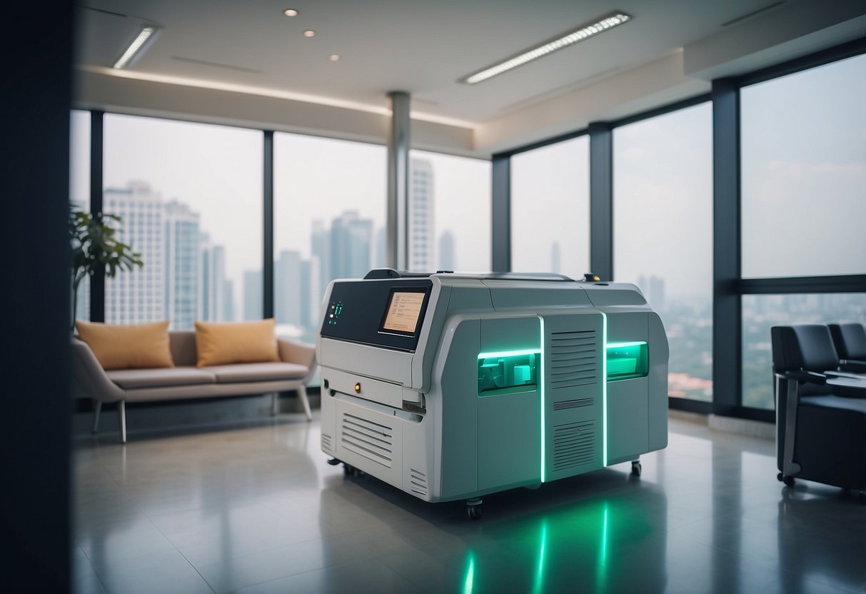 A laser machine emitting beams in a clean, modern clinic setting in Singapore