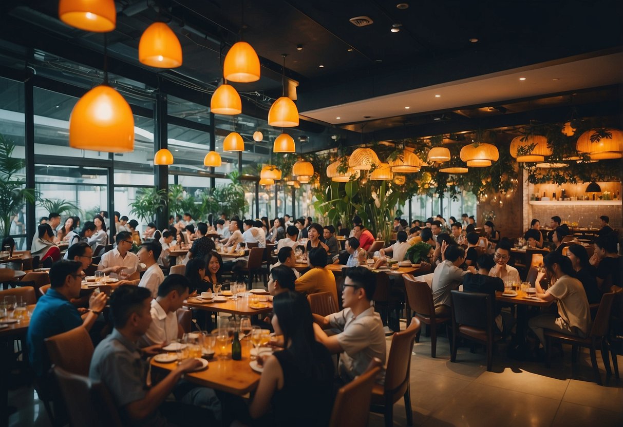 A bustling restaurant with colorful decor and a diverse crowd enjoying a variety of cuisines during Restaurant Week Singapore