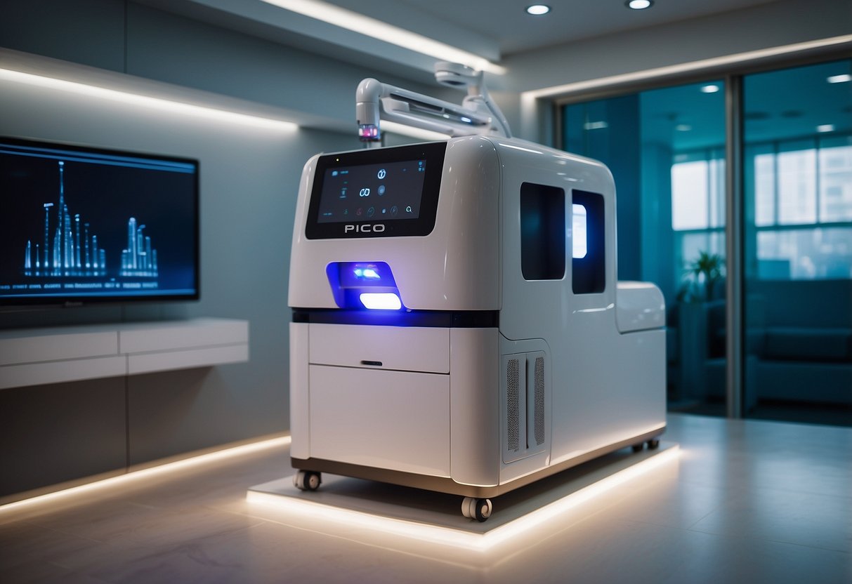 A pico laser machine sits in a modern clinic in Singapore, surrounded by sleek equipment and bright lighting. The machine emits a soft glow, with its advanced technology on display