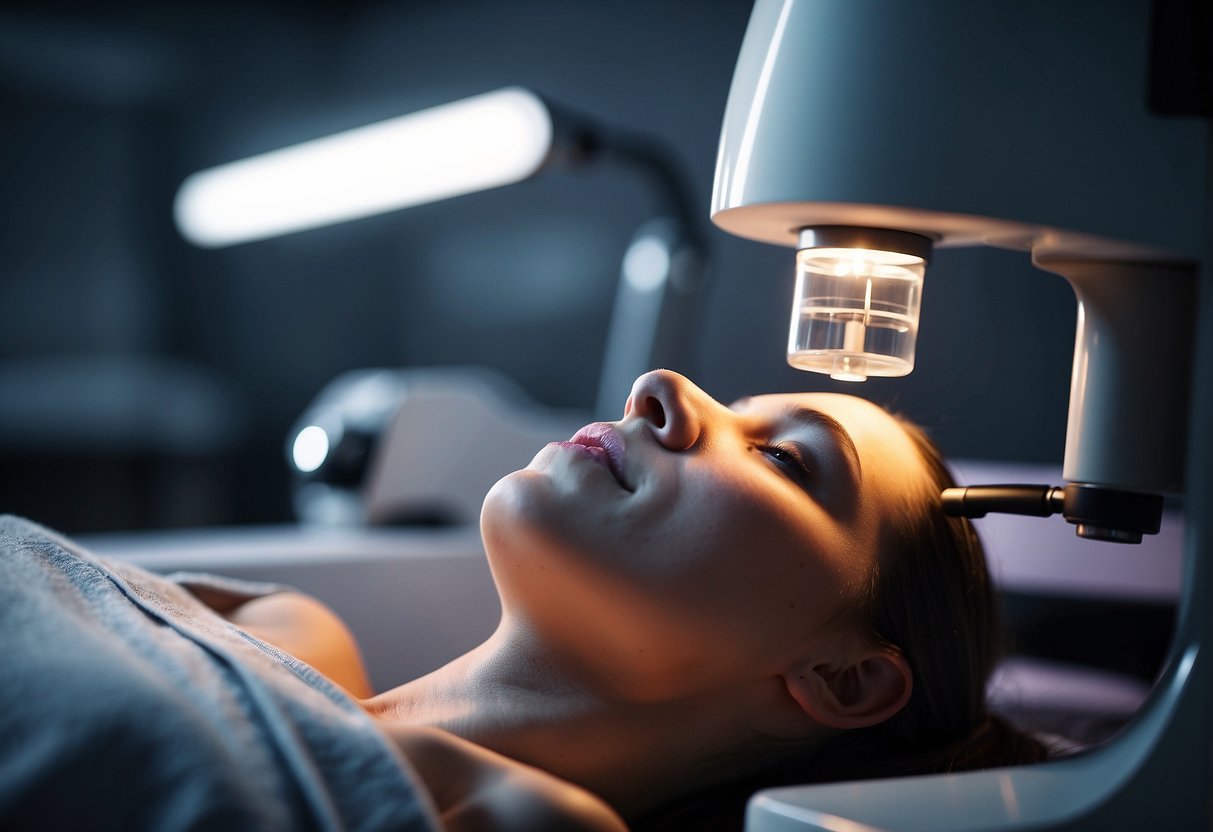 A laser machine emits beams onto skin, breaking down pigmentation. Skin appears smoother and more even-toned after treatment