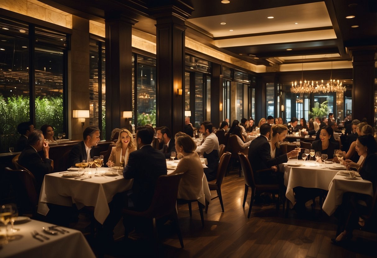 A bustling restaurant with dim lighting, elegant decor, and a diverse array of patrons enjoying gourmet dishes and fine wines