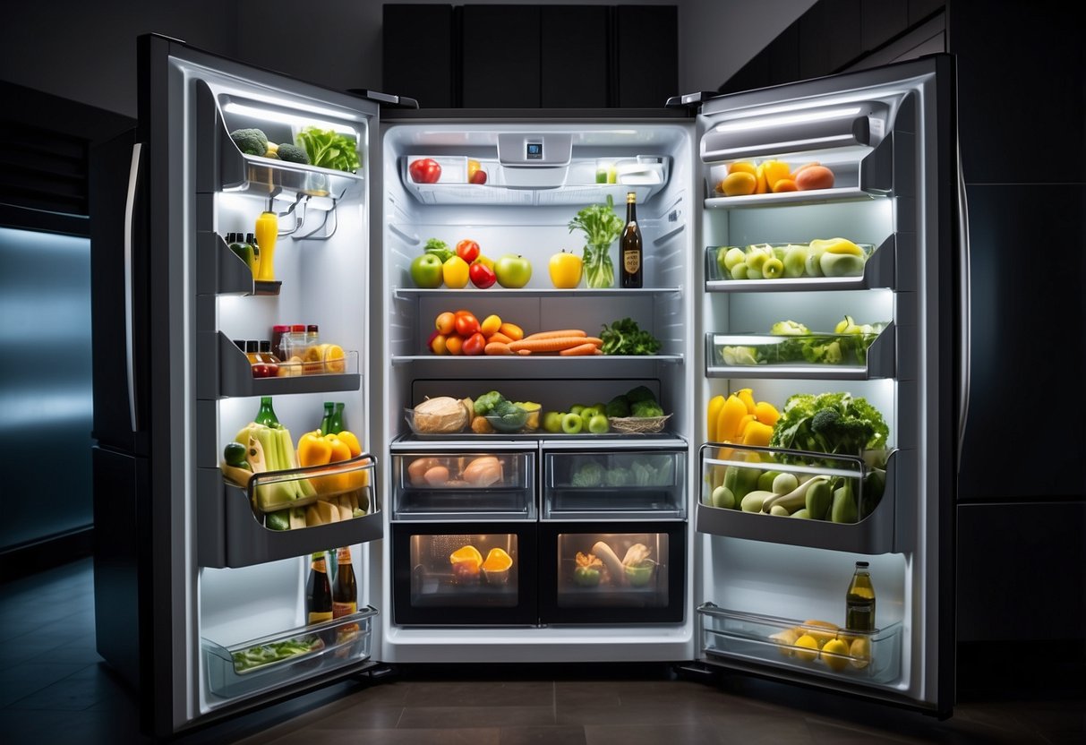 A modern Samsung fridge sits in a sleek kitchen in Singapore. The stainless steel exterior gleams under the bright overhead lights, and the interior is stocked with fresh produce and beverages