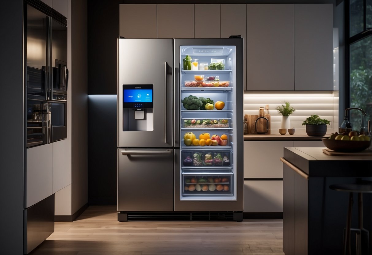 A sleek Samsung refrigerator with digital display and smart storage features, set against a modern kitchen backdrop with ambient lighting