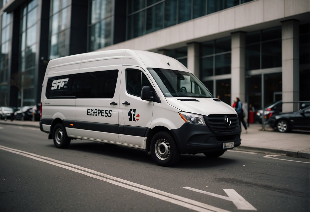 A delivery van parked outside a modern office building with the SF Express logo prominently displayed on the side. The van is surrounded by bustling activity as packages are loaded and unloaded
