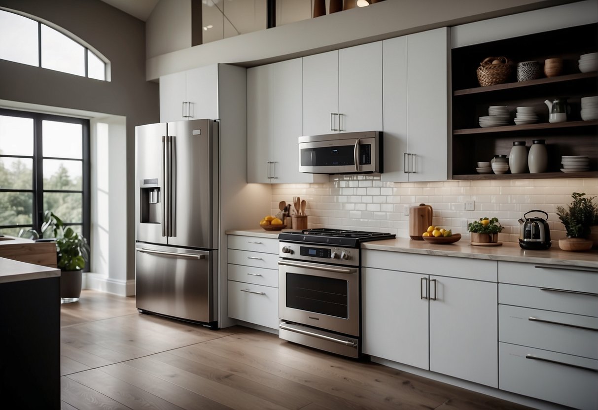 A modern kitchen with a sleek, stainless steel Samsung fridge as the focal point, surrounded by other contemporary appliances and minimalist decor