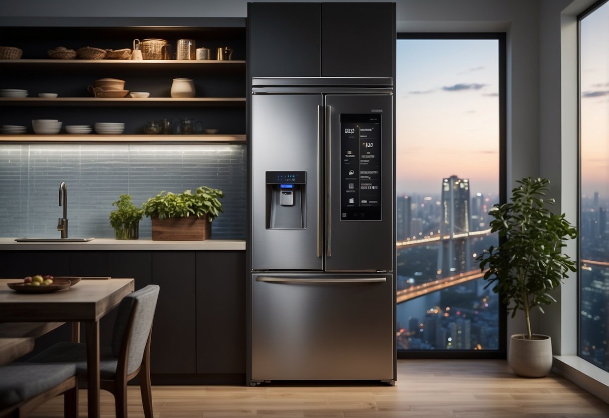 A sleek Samsung fridge stands in a modern kitchen, with a Singaporean skyline visible through the window. The fridge is adorned with a "Frequently Asked Questions" sticker