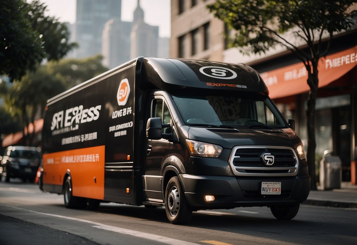 SF Express services displayed with logos, packages, and delivery vehicles in a bustling urban setting