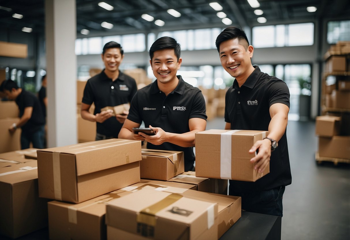 Customers receiving packages from SF Express in Singapore, smiling while opening their deliveries