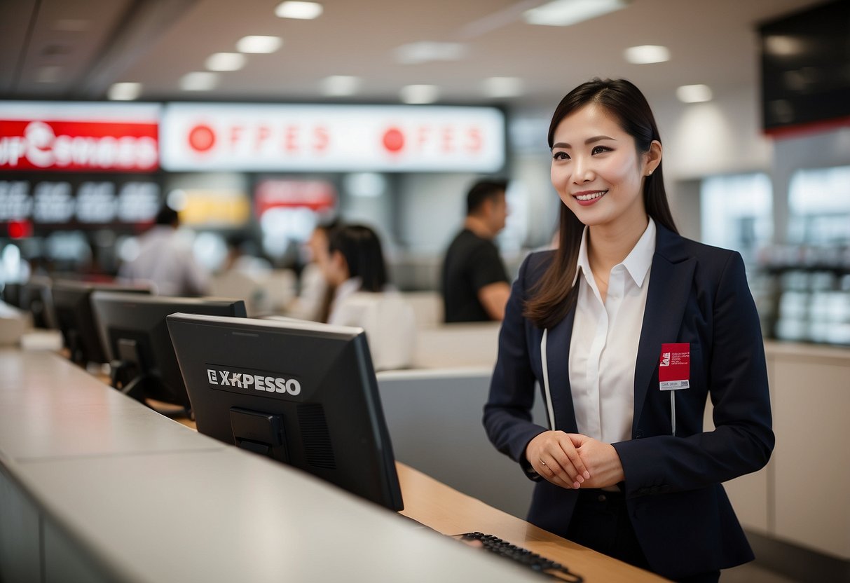A customer service representative answering questions at an SF Express Singapore counter