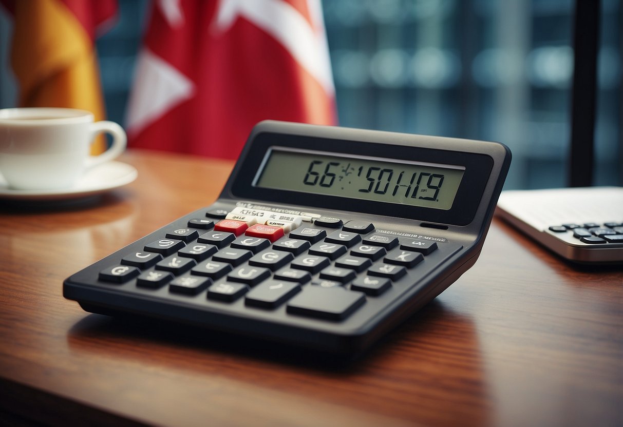 A calculator sits on a desk in a modern office, with a Singaporean flag in the background. The screen displays the words "GST calculator Singapore."