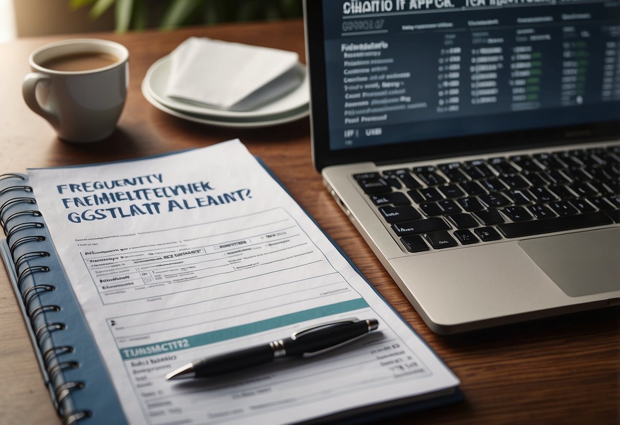 A laptop displaying a webpage with the title "Frequently Asked Questions gst calculator singapore" surrounded by a stack of papers and a pen
