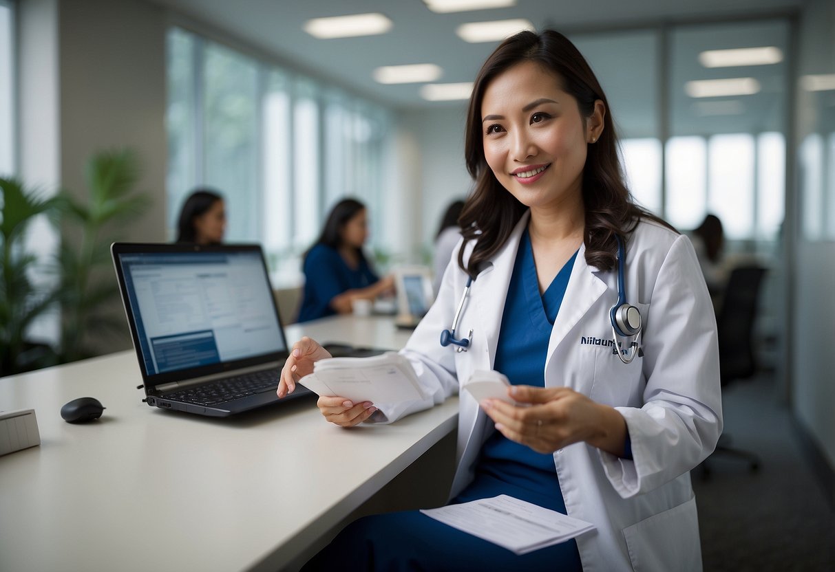 A woman sits in a doctor's office, holding a fertility test kit. The doctor explains the process and options for testing in Singapore
