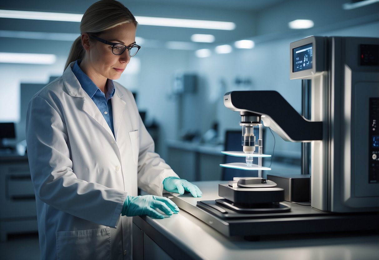 A scientist conducts fertility tests in a modern laboratory setting, surrounded by advanced equipment and technology. The scene is illuminated with bright, clinical lighting, and the scientist is focused and attentive to their work