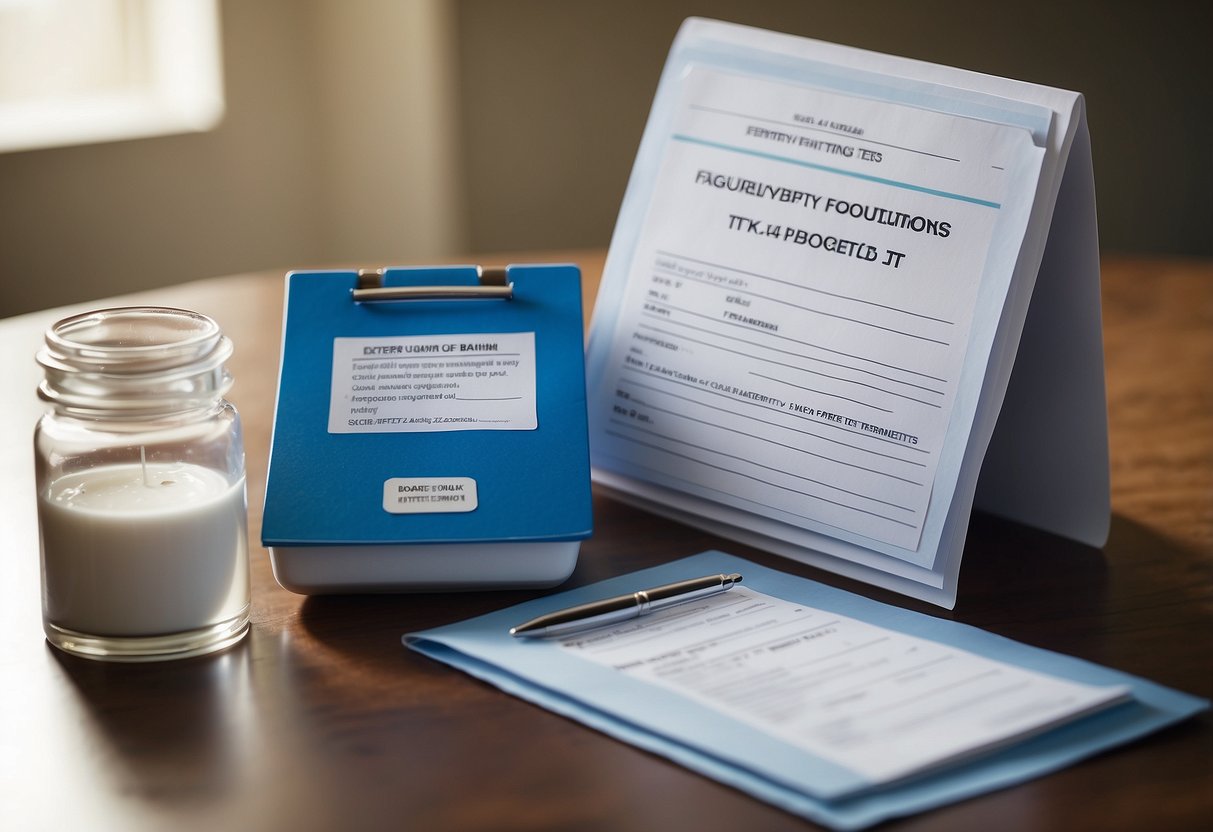 A table with a fertility test kit and a pamphlet on "Frequently Asked Questions" in a clinic setting