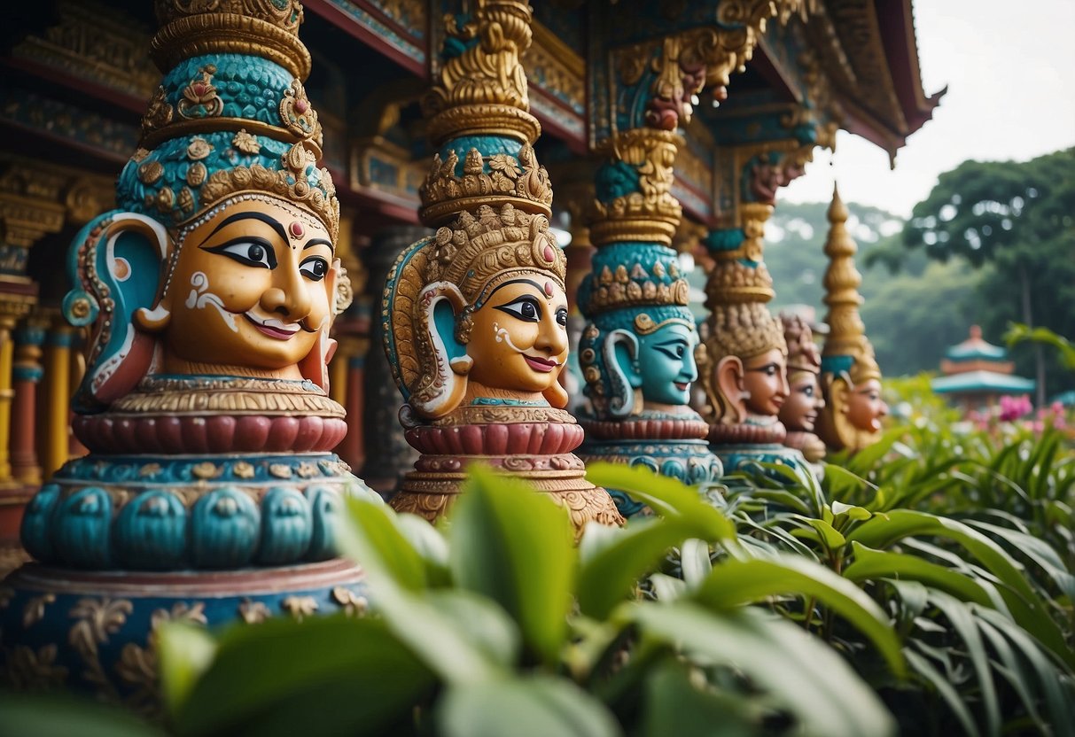 Vibrant Hindu temples in Singapore, adorned with colorful statues and intricate carvings, surrounded by lush greenery and adorned with intricate designs