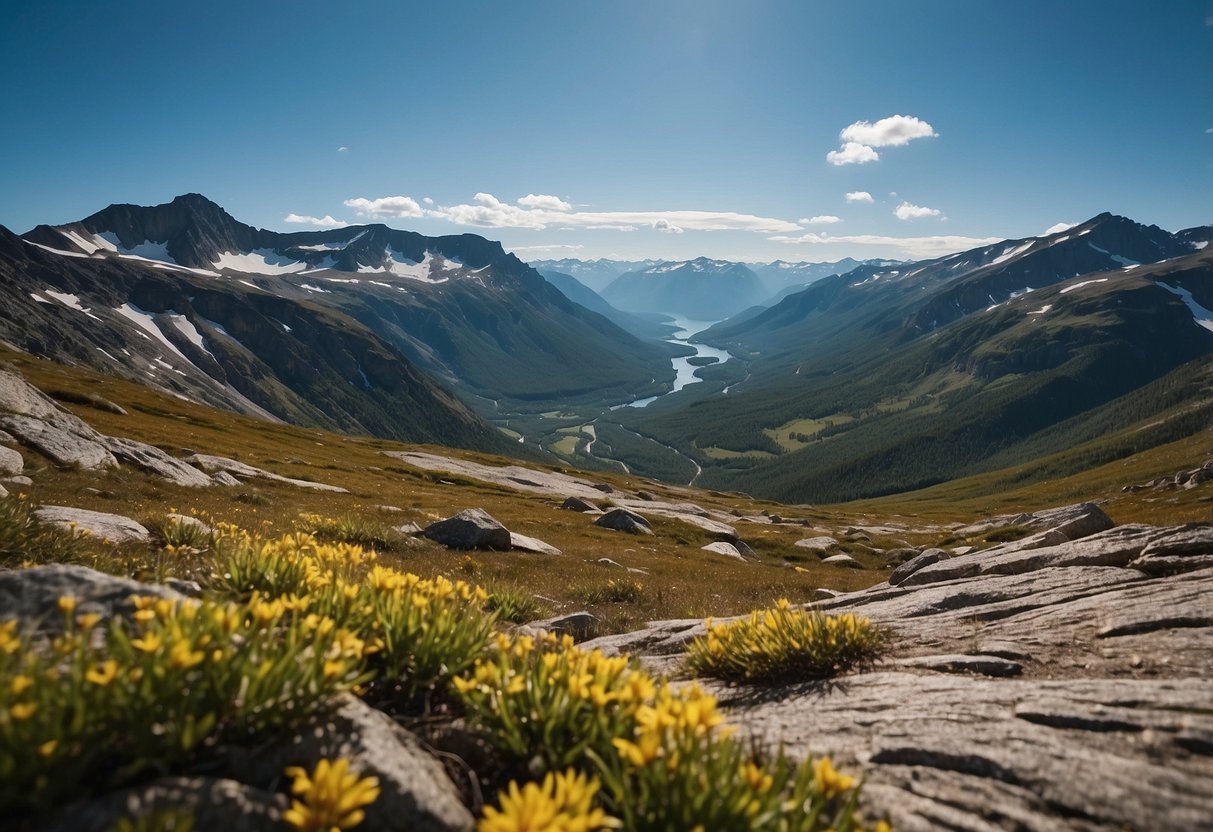A serene mountain landscape with a clear blue sky, showcasing the harmony of nature and the durability of Fjällräven's outdoor gear