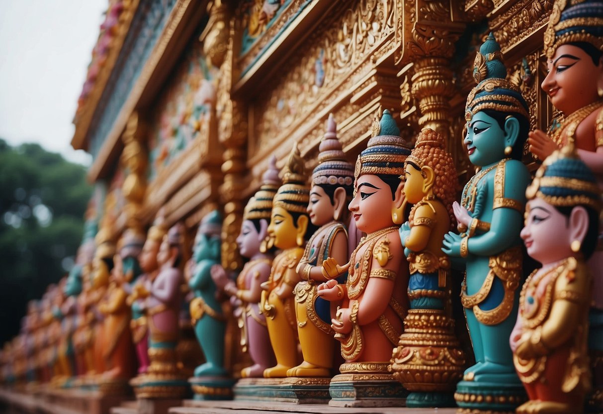 Vibrant Hindu temples in Singapore, adorned with colorful deities and intricate carvings, surrounded by devotees performing religious rituals