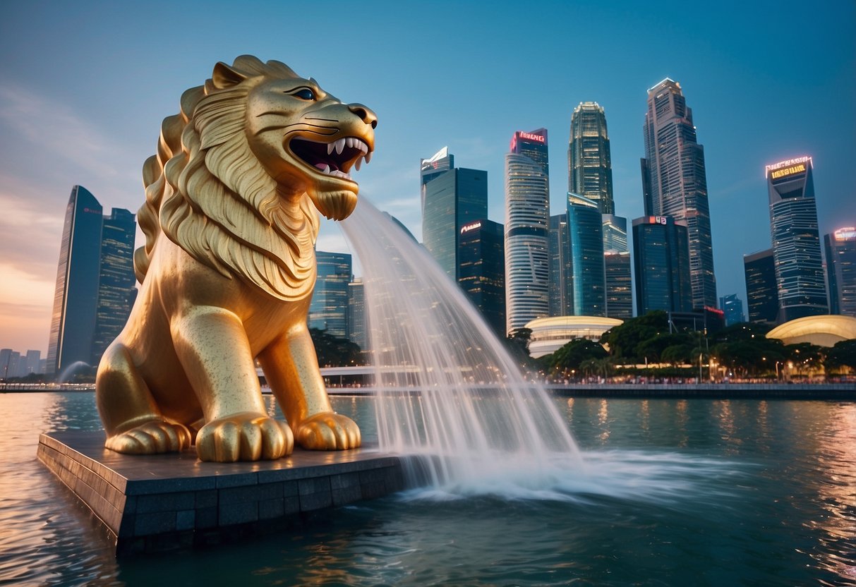 The majestic merlion statue stands tall, spouting water into the shimmering bay at Merlion Park, with the iconic Singapore skyline in the background