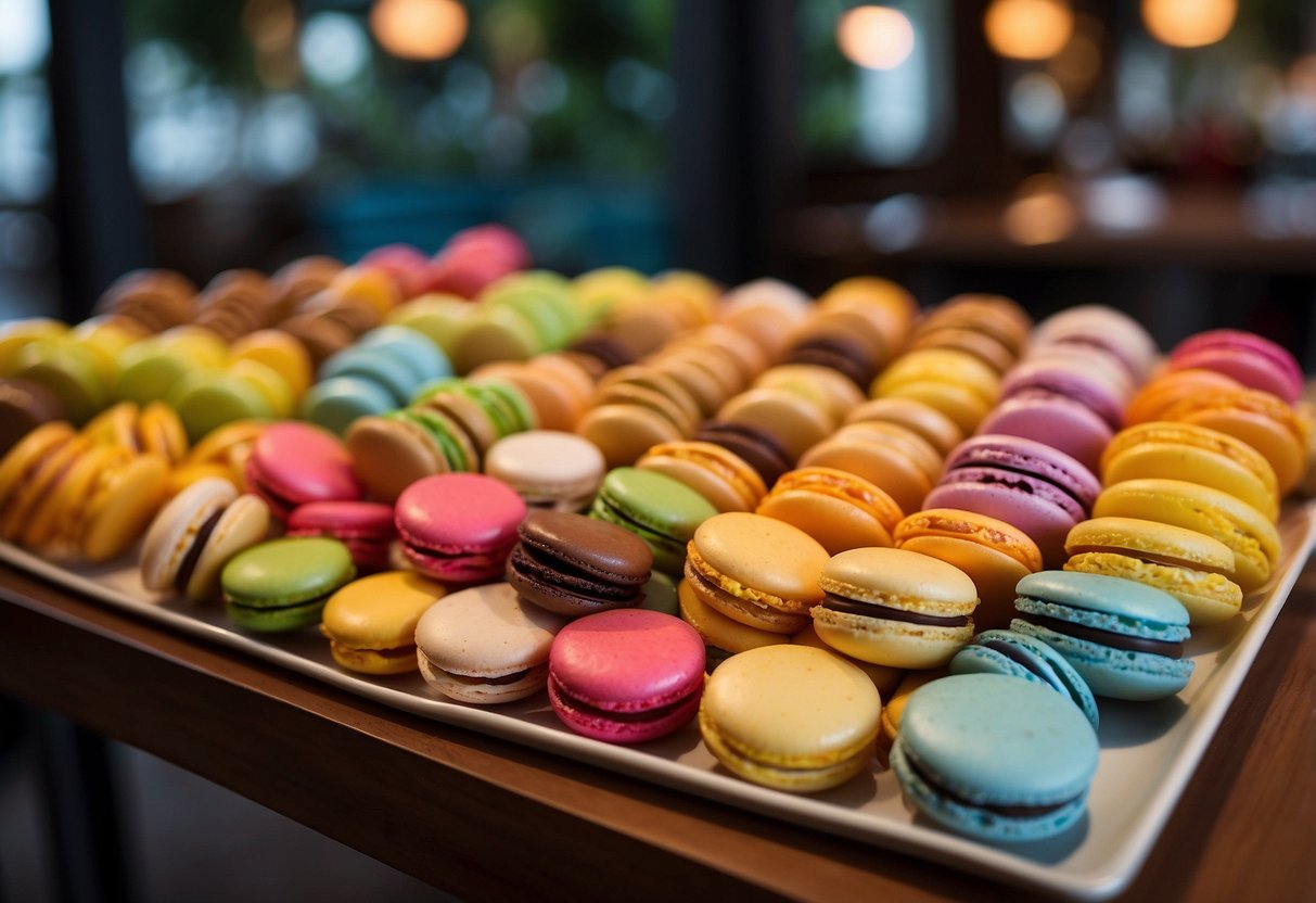 A table filled with colorful macarons, each with unique flavors, displayed in a cozy cafe in Singapore