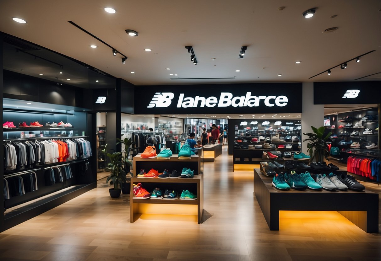 A bustling New Balance store in Singapore with vibrant displays and customers browsing through the latest athletic footwear and apparel