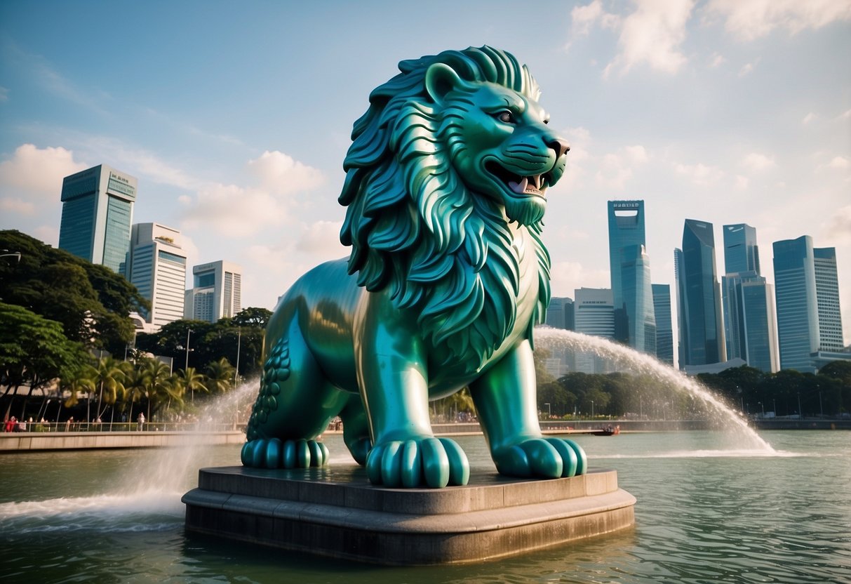 The majestic Merlion statue stands tall, overlooking the tranquil waters of Merlion Park in Singapore. The iconic half-lion, half-fish creature spouts a graceful stream of water, surrounded by lush greenery and city skyline