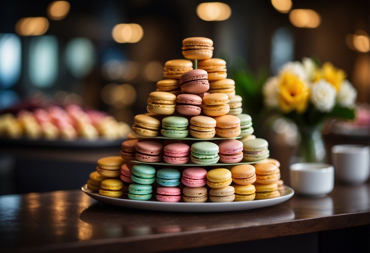 A colorful display of macarons arranged neatly on a tiered stand, with a backdrop of a charming patisserie in Singapore