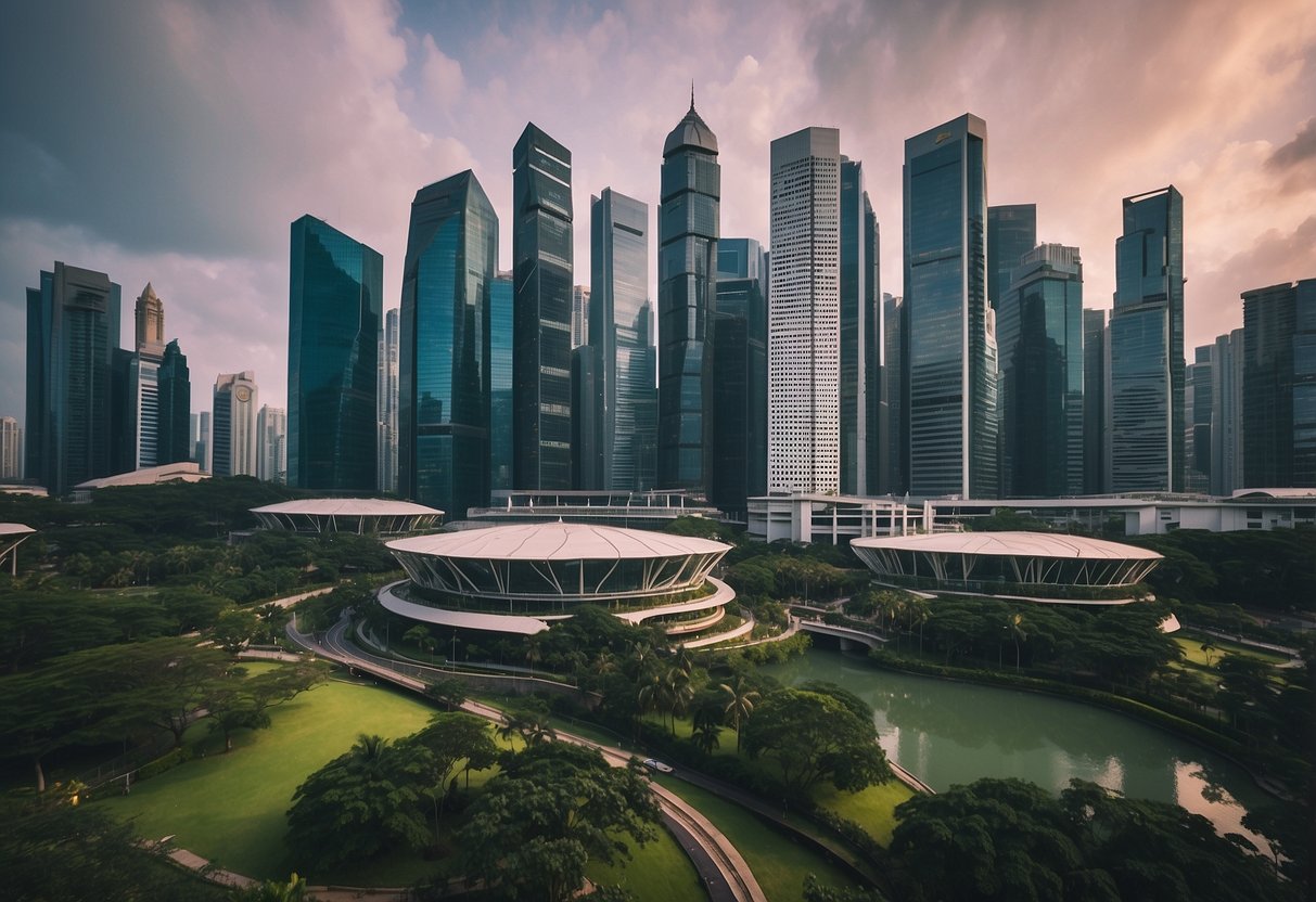 The bustling cityscape of Panamericana Singapore, with modern skyscrapers and lush greenery, set against a backdrop of a vibrant and energetic atmosphere