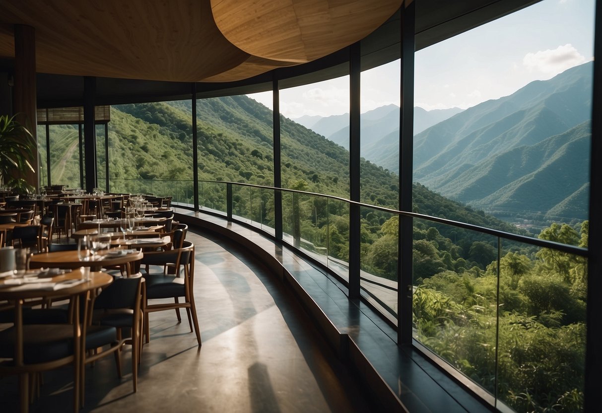 A winding road cuts through lush, green mountains, leading to a modern, glass-encased restaurant with a panoramic view