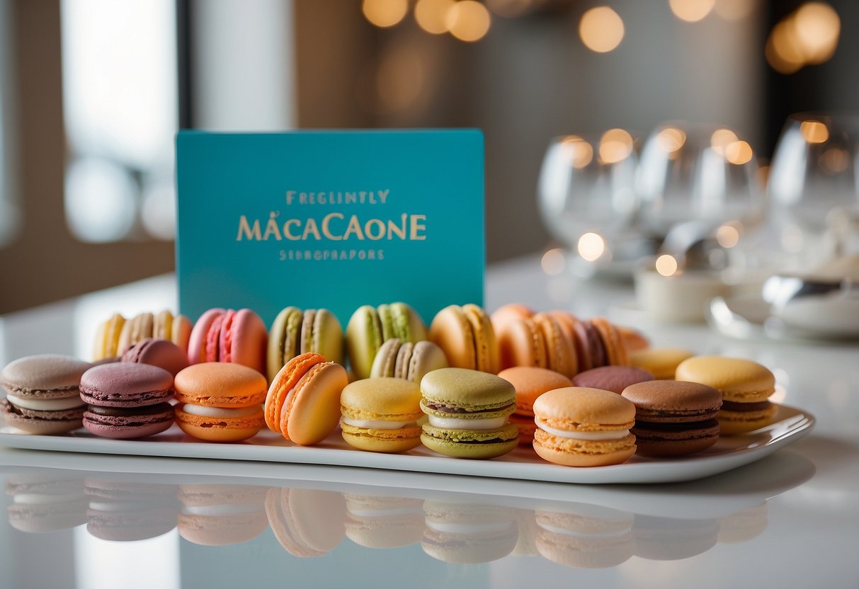 A colorful display of macarons arranged neatly on a pristine white counter, with a sign reading "Frequently Asked Questions macarons singapore" in elegant script above the treats