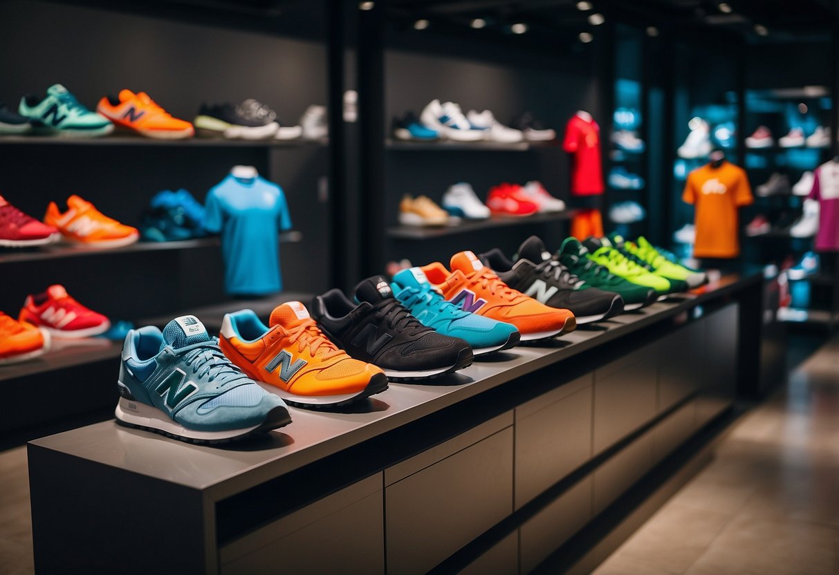 Customers browsing shelves of colorful sneakers and apparel in a modern, well-lit New Balance store in Singapore