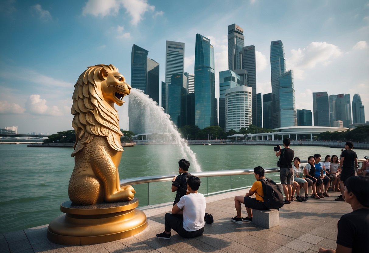The Merlion statue stands tall at Merlion Park, with tourists taking photos and enjoying the waterfront view of the Singapore skyline
