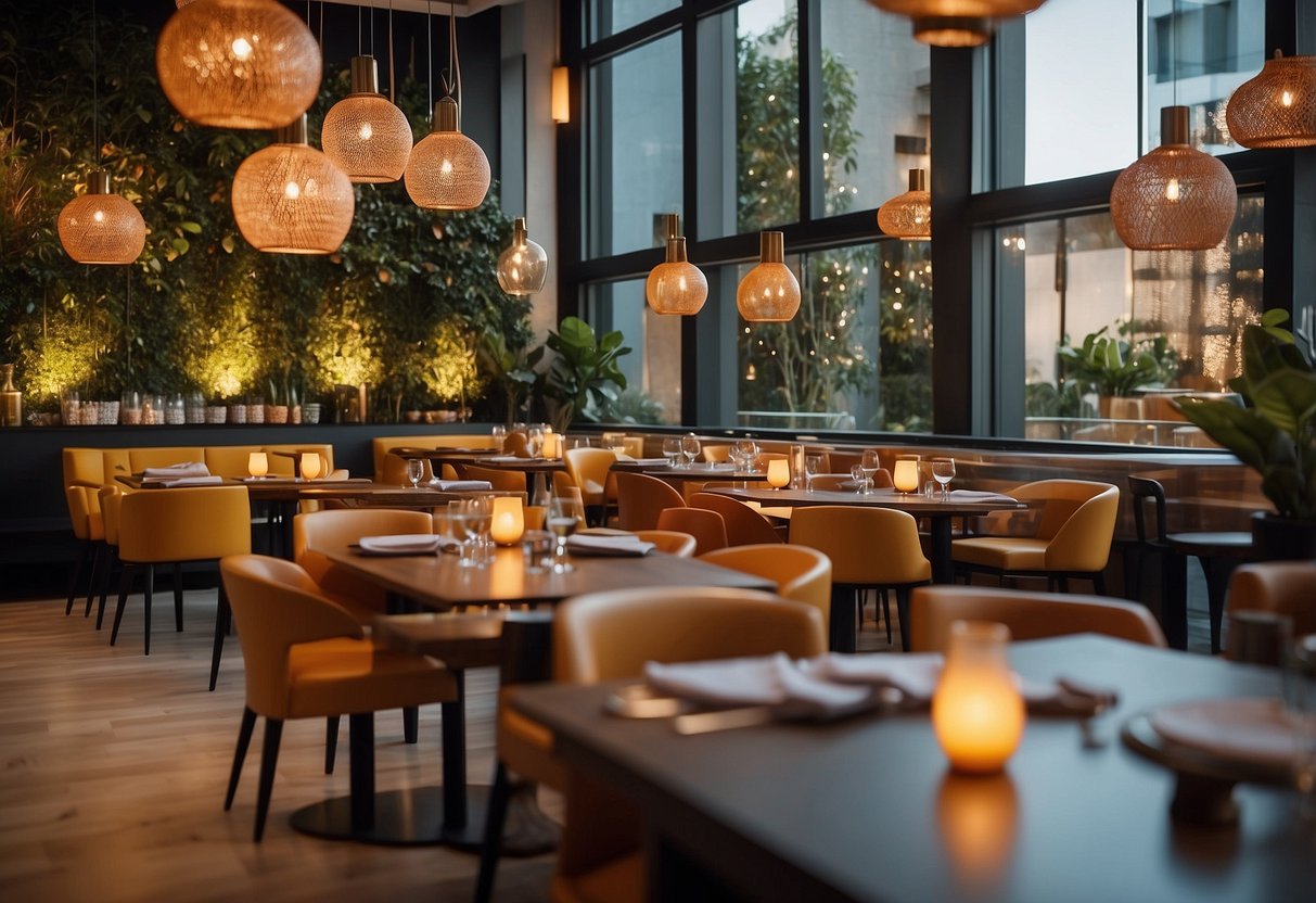 A modern, vibrant restaurant with sleek decor, warm lighting, and a lively atmosphere. A mix of contemporary and traditional elements, with a focus on South American culture