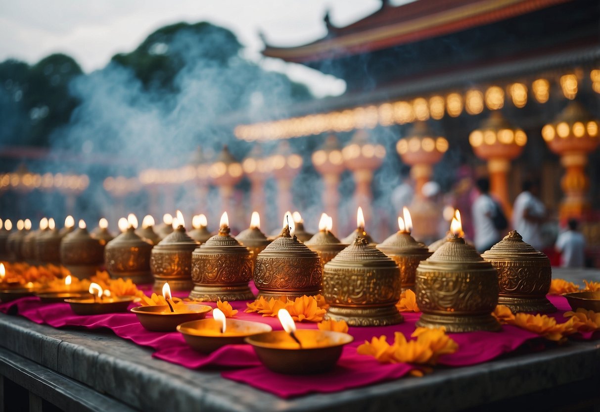 A bustling Hindu temple in Singapore, with worshippers lighting incense, making offerings, and seeking blessings from the deities