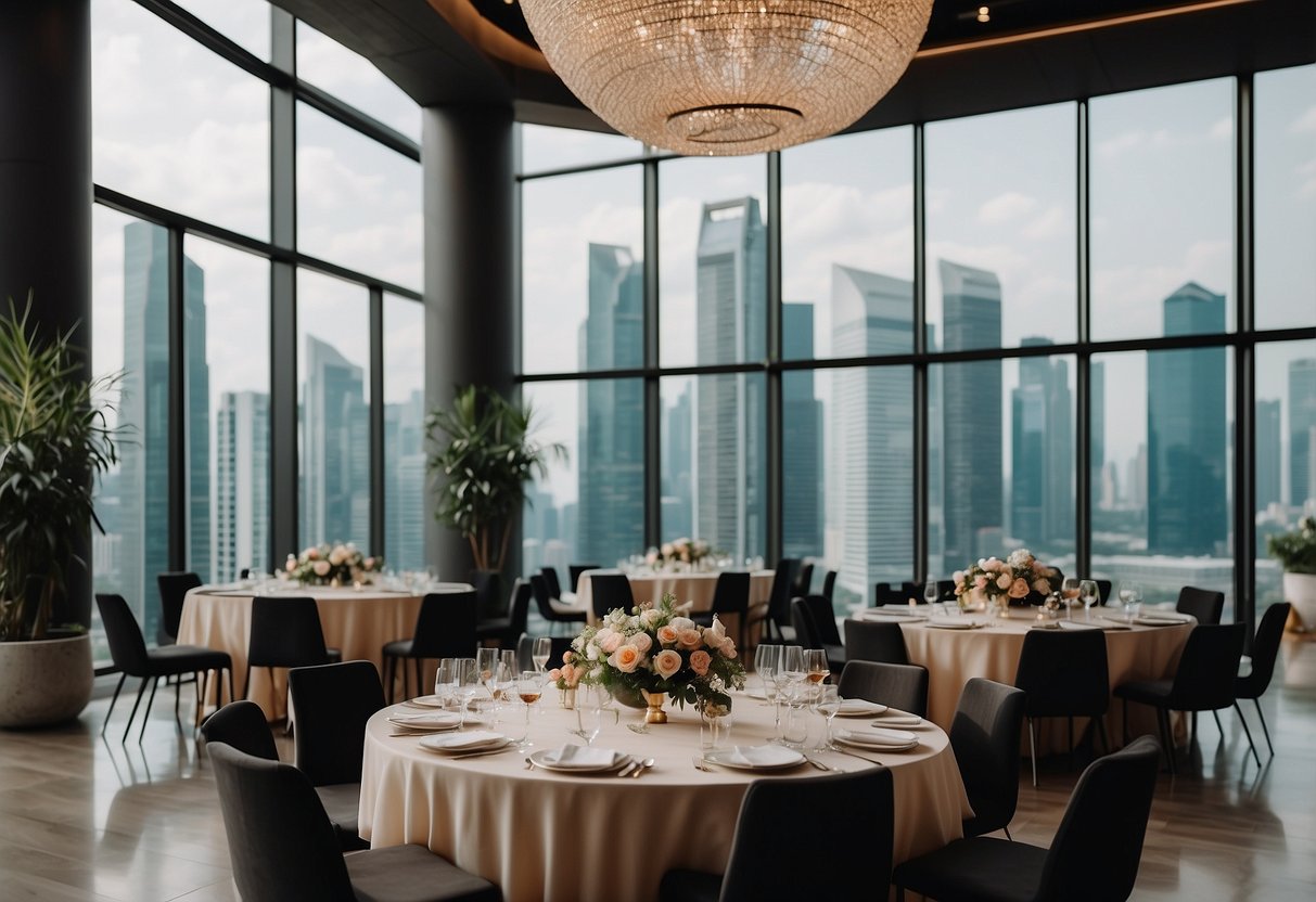 An elegant event space in Singapore with modern decor, high ceilings, and large windows overlooking the city skyline