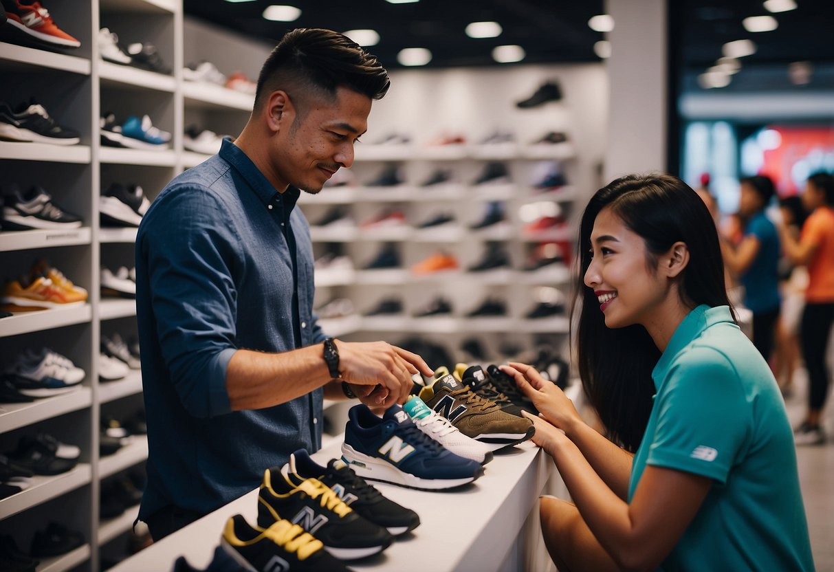A customer browsing through shelves of shoes at a New Balance store in Singapore, with a sales associate assisting another customer in the background