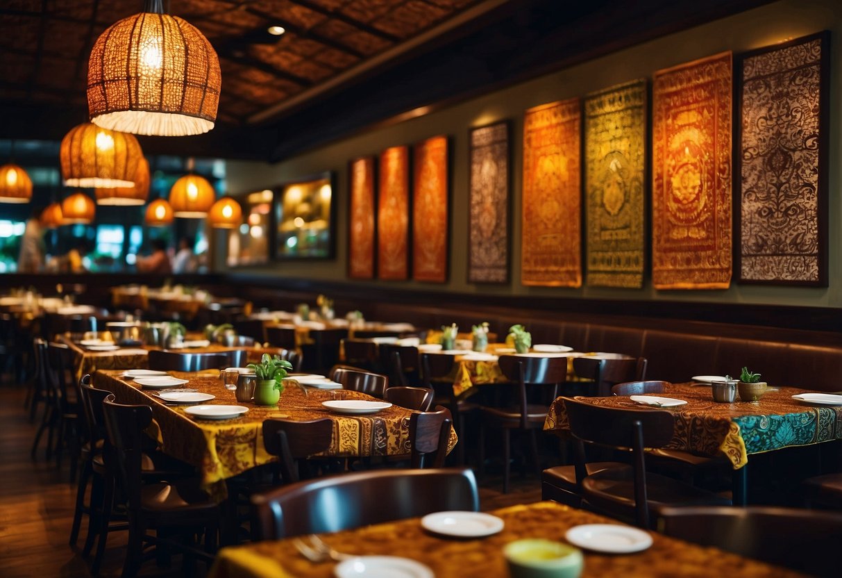 A bustling Indonesian restaurant in Singapore, filled with colorful decor and the aroma of sizzling spices. Tables are adorned with traditional batik tablecloths, and the sound of sizzling satay fills the air