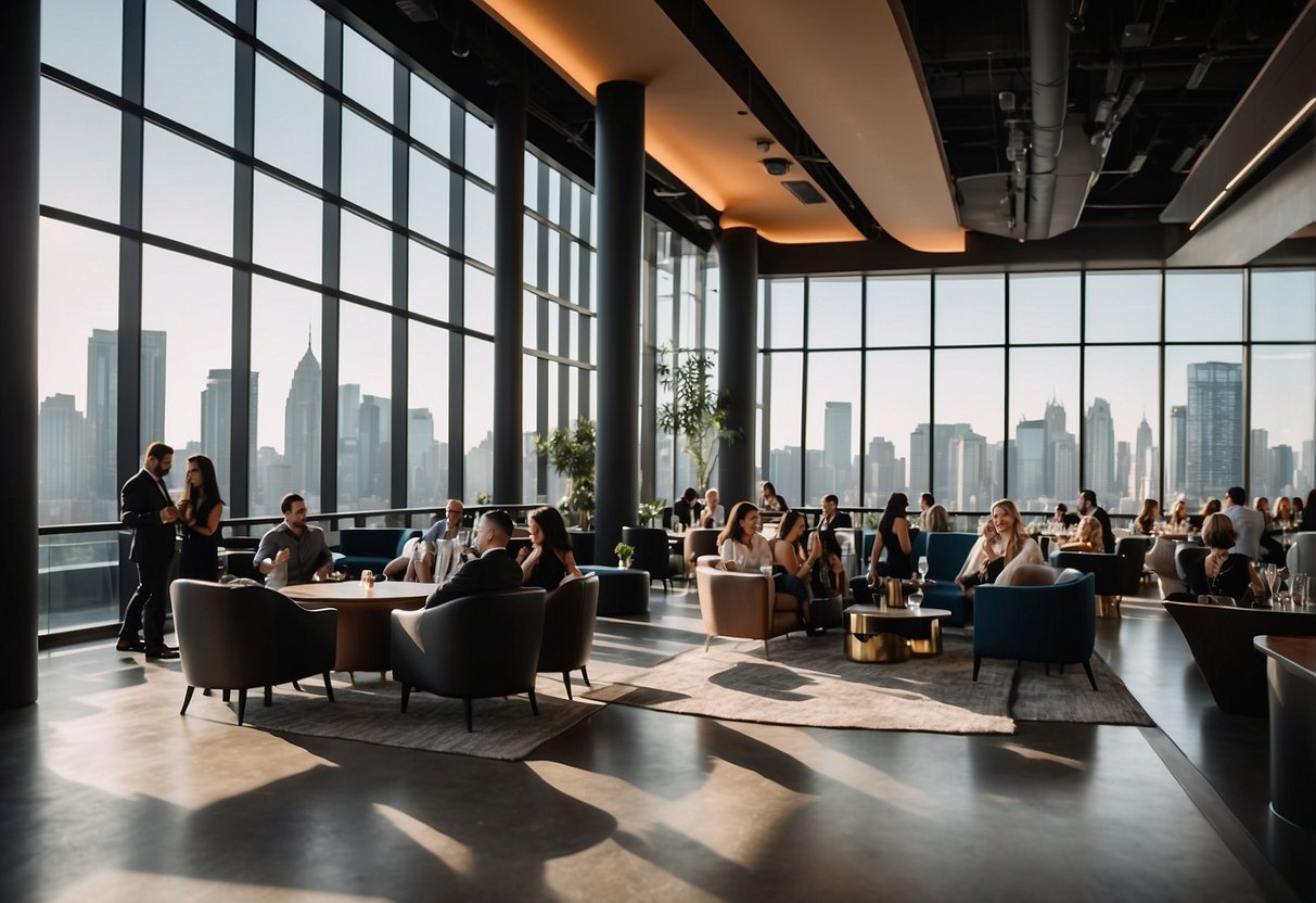 Guests mingle in a spacious, modern event space with high ceilings and large windows, overlooking the city skyline. A sleek bar and comfortable seating areas create an inviting atmosphere