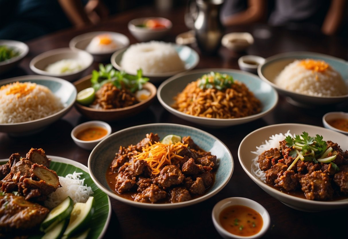 A bustling Indonesian restaurant in Singapore, filled with the aroma of sizzling satay, colorful plates of nasi goreng, and steaming bowls of beef rendang