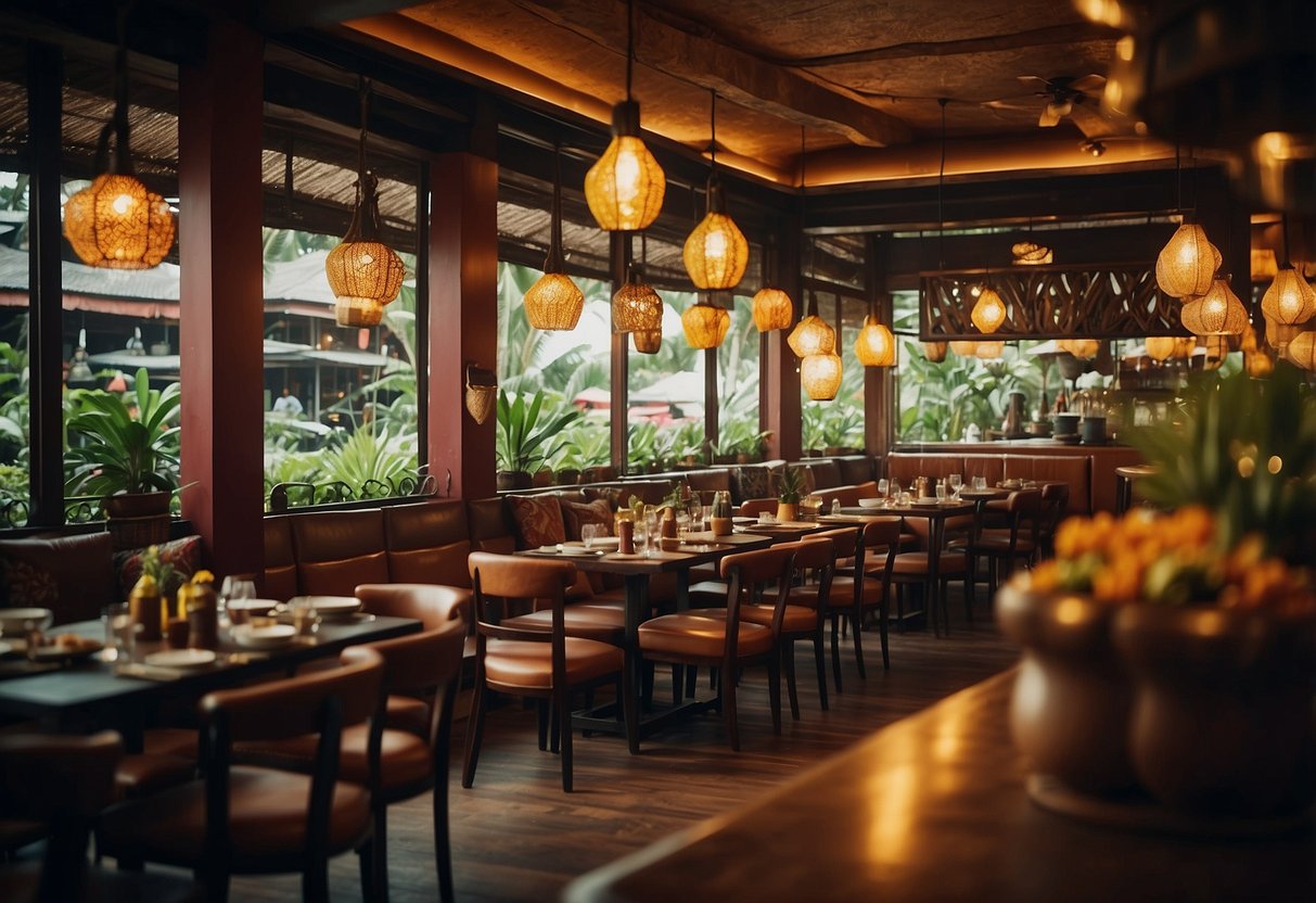 A bustling Indonesian restaurant with vibrant decor and a mix of traditional and modern dining experiences. Aromatic spices fill the air as diners enjoy authentic Indonesian cuisine