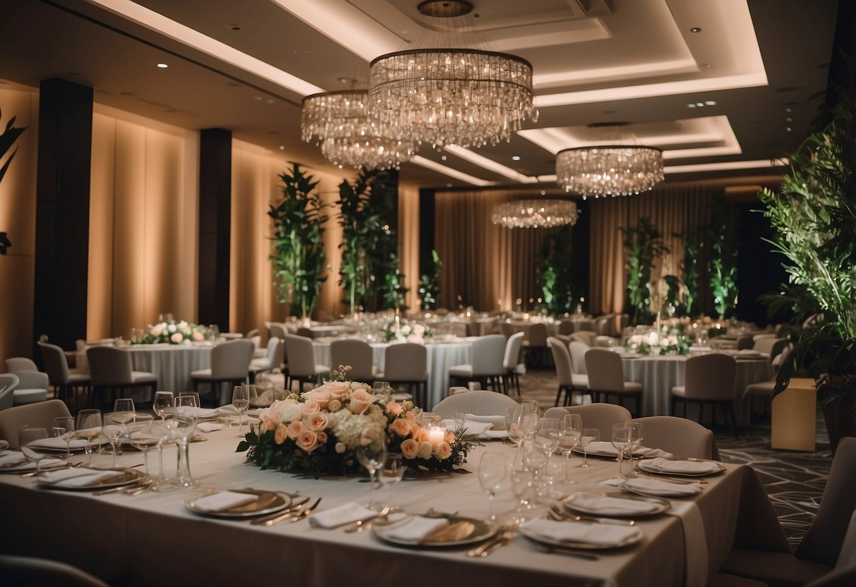 An elegant event space in Singapore, with modern decor, ample seating, and ambient lighting. A spacious layout allows for versatile event planning