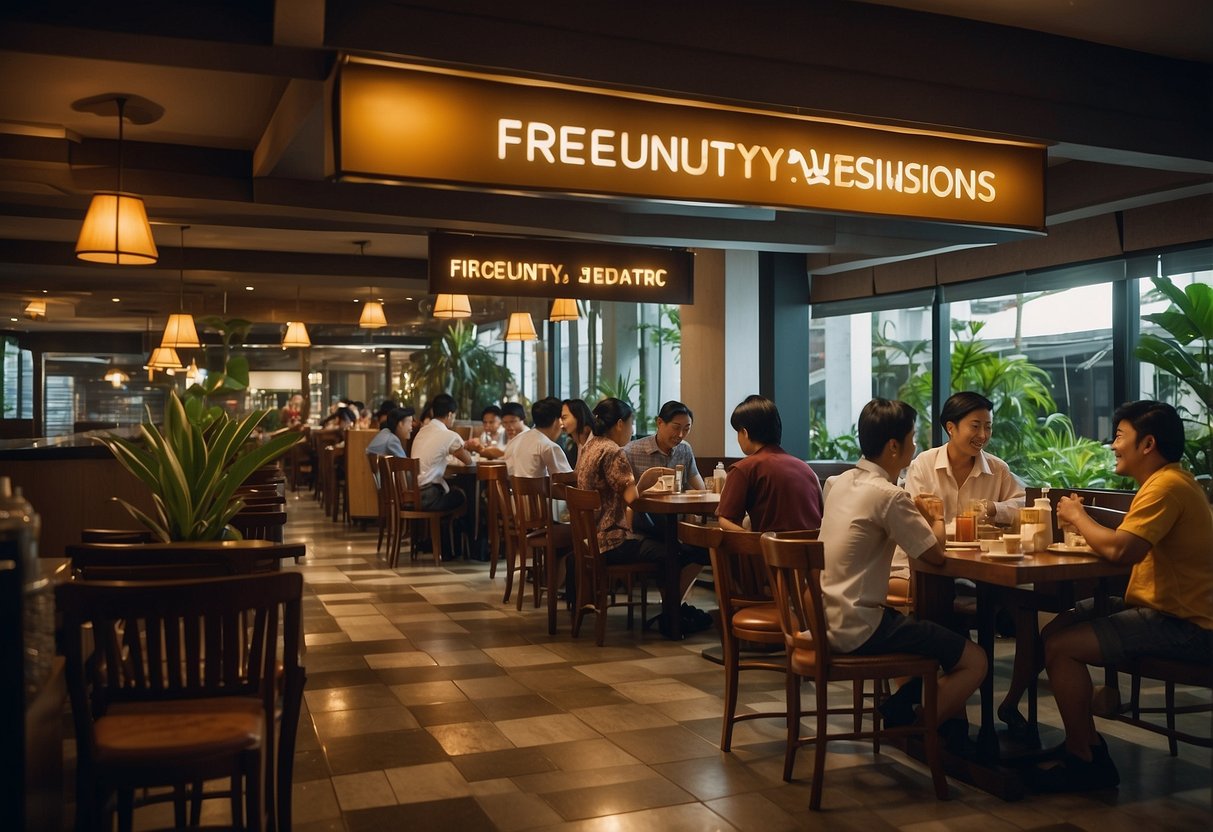 A bustling Indonesian restaurant in Singapore with customers dining, waitstaff serving food, and a prominent sign displaying "Frequently Asked Questions."