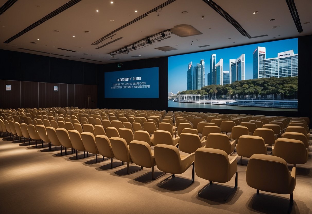 A spacious event space in Singapore with modern furnishings and ample seating. A large screen at the front displays "Frequently Asked Questions" in bold lettering