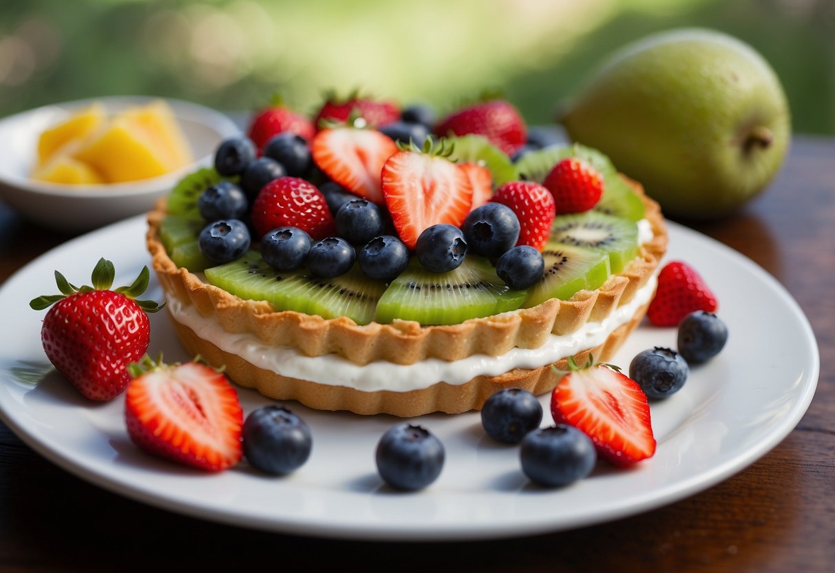 A colorful fruit tart sits on a white plate, surrounded by vibrant strawberries, blueberries, and kiwi slices. The tart is topped with a glossy glaze, and a dollop of whipped cream adds a finishing touch