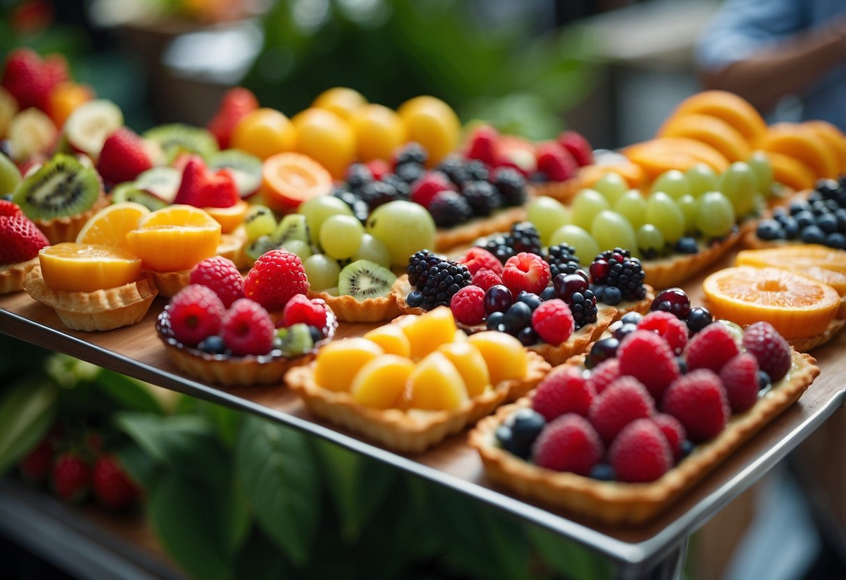 A table adorned with an array of colorful fruit tarts, surrounded by lush greenery and vibrant flowers, set against the backdrop of a bustling Singaporean market