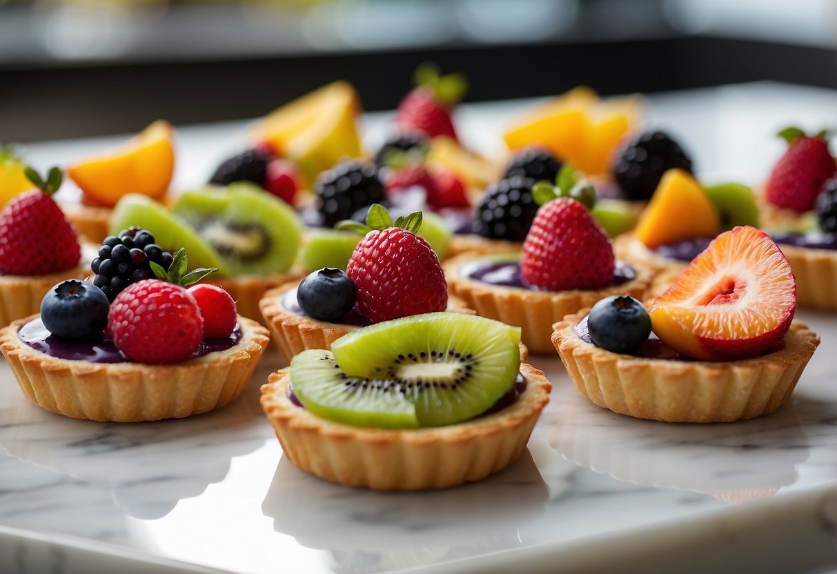 A colorful display of delicious fruit tarts arranged on a pristine white marble counter in a cozy bakery in Singapore