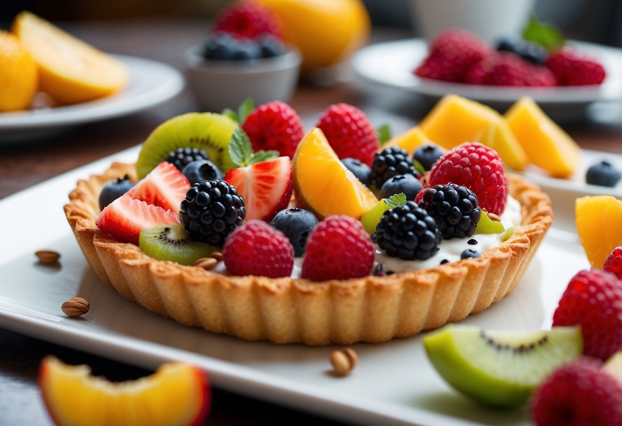 A colorful fruit tart displayed on a clean, white platter with assorted fruits arranged neatly on top, surrounded by a few scattered crumbs