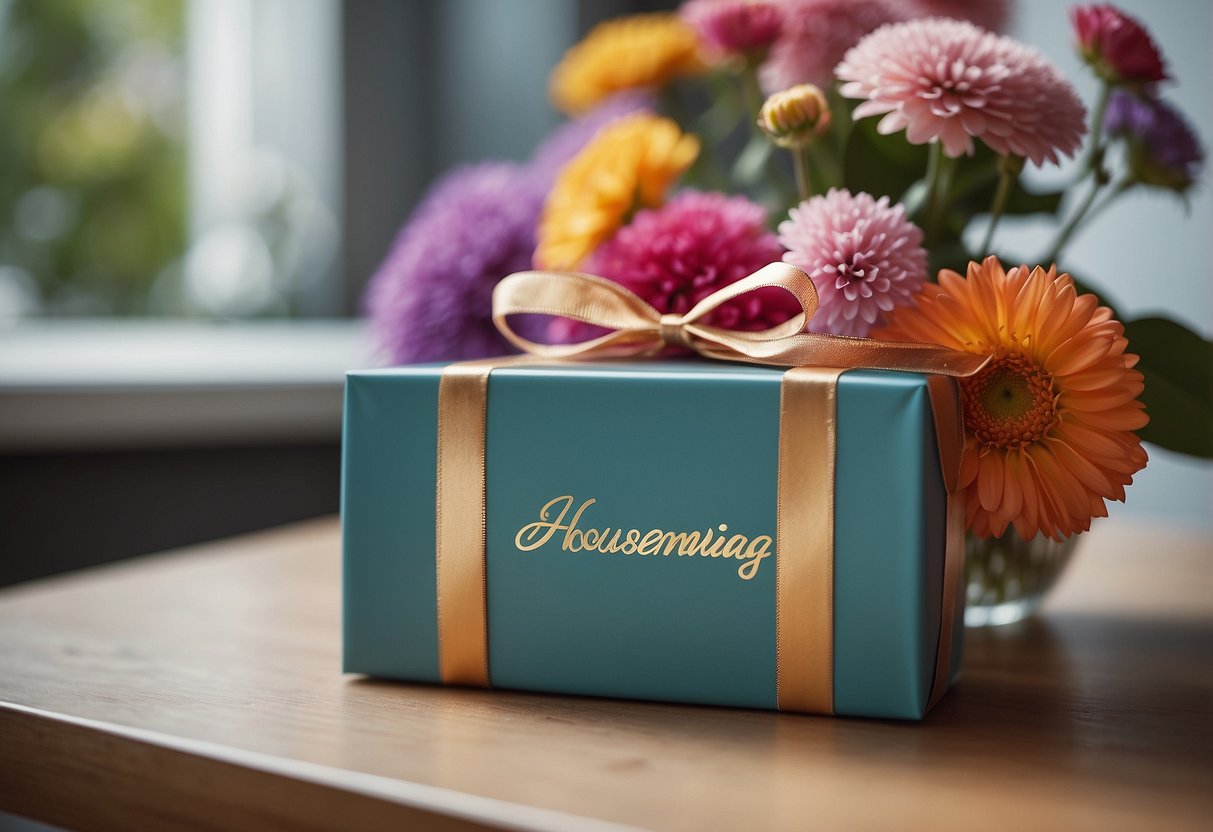 A beautifully wrapped gift box sits on a table, surrounded by colorful flowers and a card with "housewarming gift" written on it